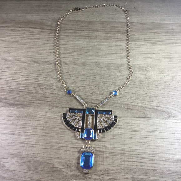 Athena Galore Jewelry - Bohemian Egyptian Elegant Blue and Gold Rhinestone Winged Statement Necklace